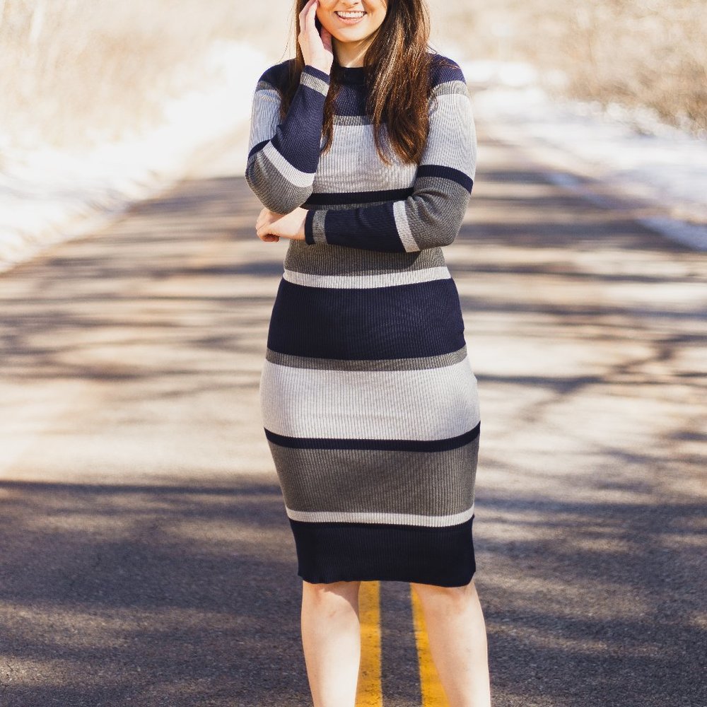 Main Strip Striped Sweater Dress in Navy/Gray
